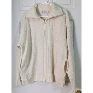 VTG Clipper Mist Full Zip Grandpa Sweater Mens XL Cream Rib Geometric Knit 80s